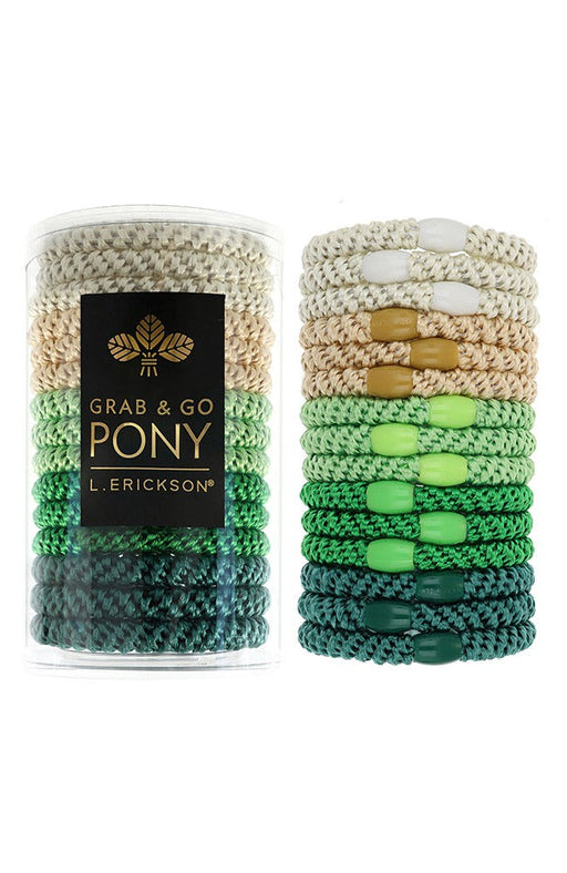 L. Erickson hair ties for thick hair on sale. 15 pack Grab & Go Pony Tube, Lucky, Green hair bands.