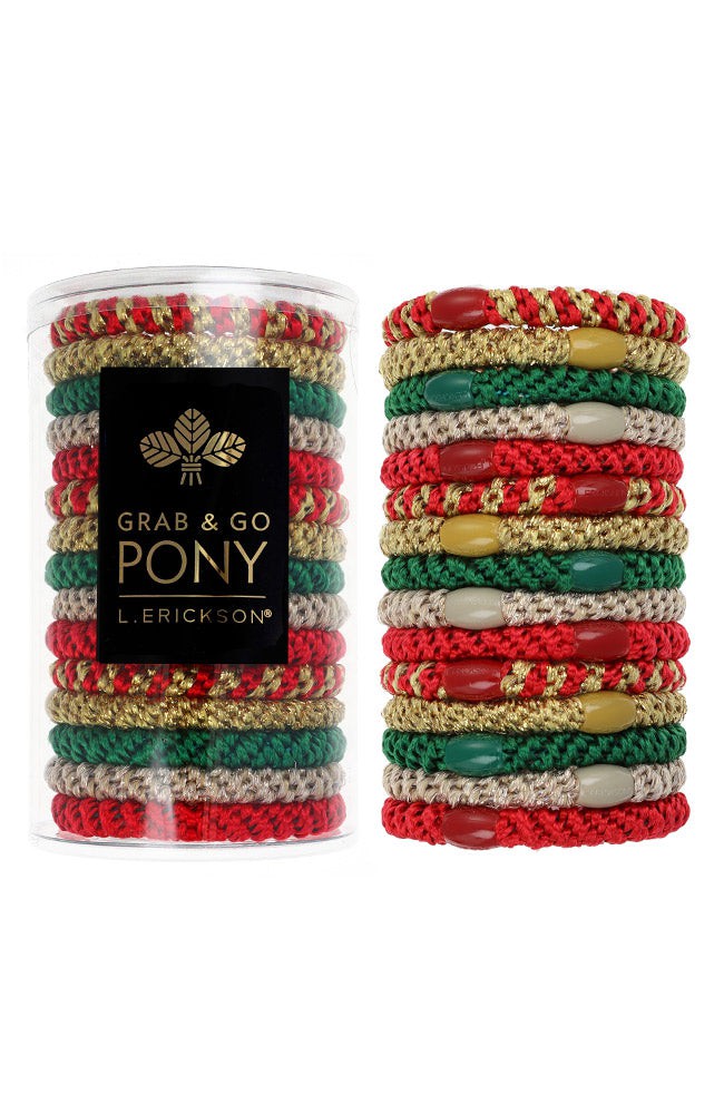 L. Erickson hair ties, 15 pack of Grab &amp; Go  Pony Tube, Thick, red, green, metallic gold hair bands.