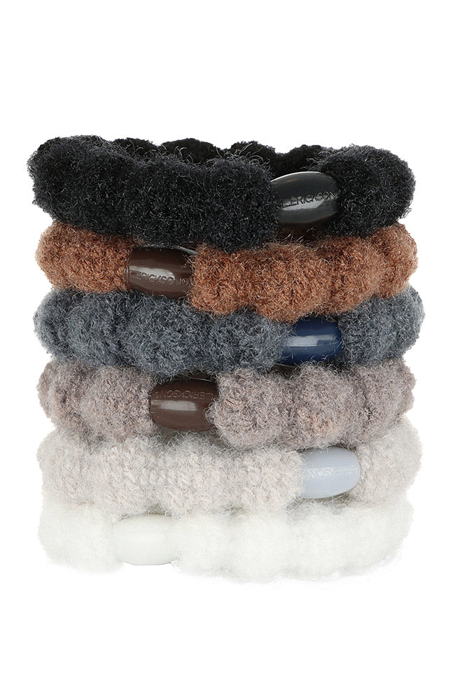 L. Erickson hair ties, 6 pack thick, bubble knit ponytail holders, black, brown, grey, white soft bands.