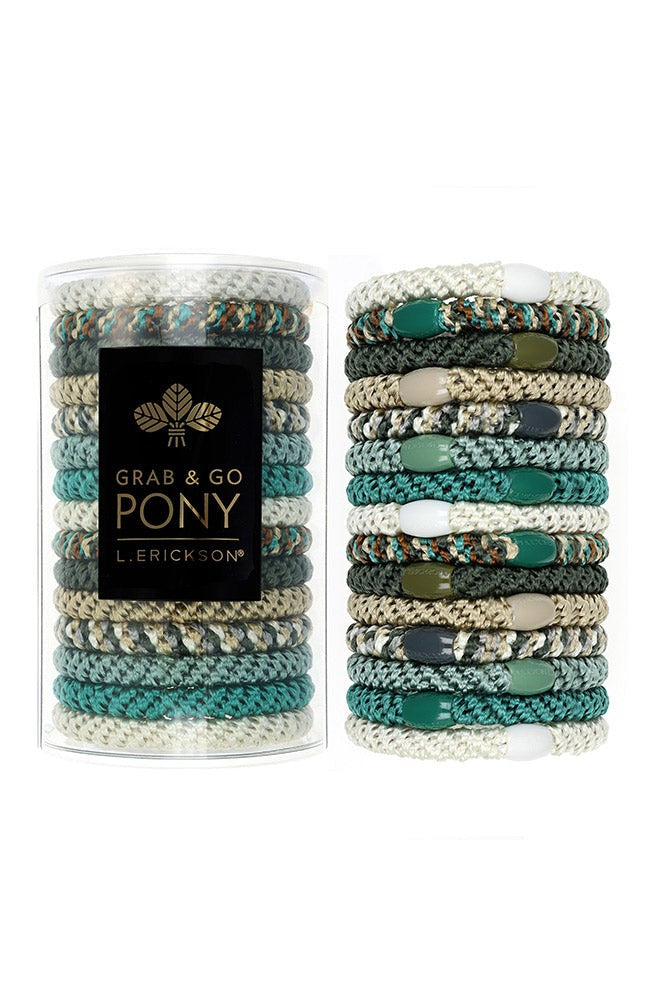 L. Erickson hair ties for thick hair, 15 pack Grab &amp; Go Pony Tube with green hair bands.