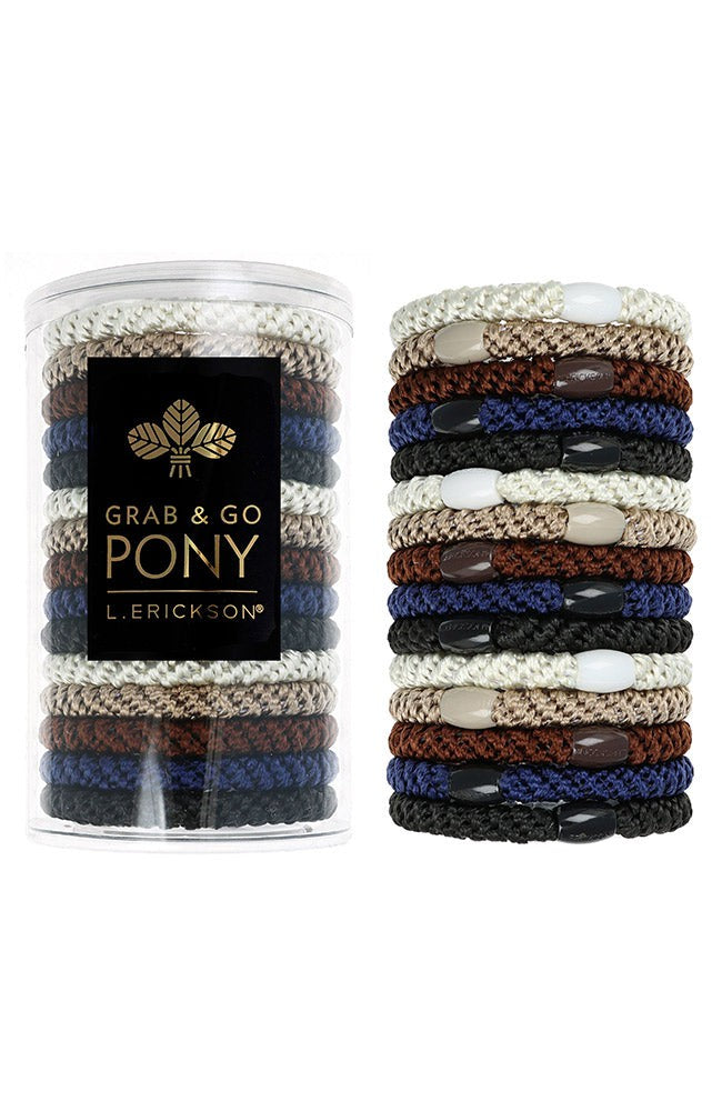 L. Erickson hair ties, 15 pack of Grab &amp; Go  Pony Tube, Thick, blue, brown, black, ivory hair bands.