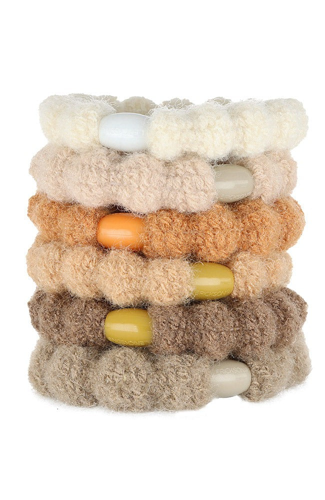 L. Erickson hair ties, 6 pack thick, bubble knit ponytail holders, ivory, beige, brown, tan soft bands.
