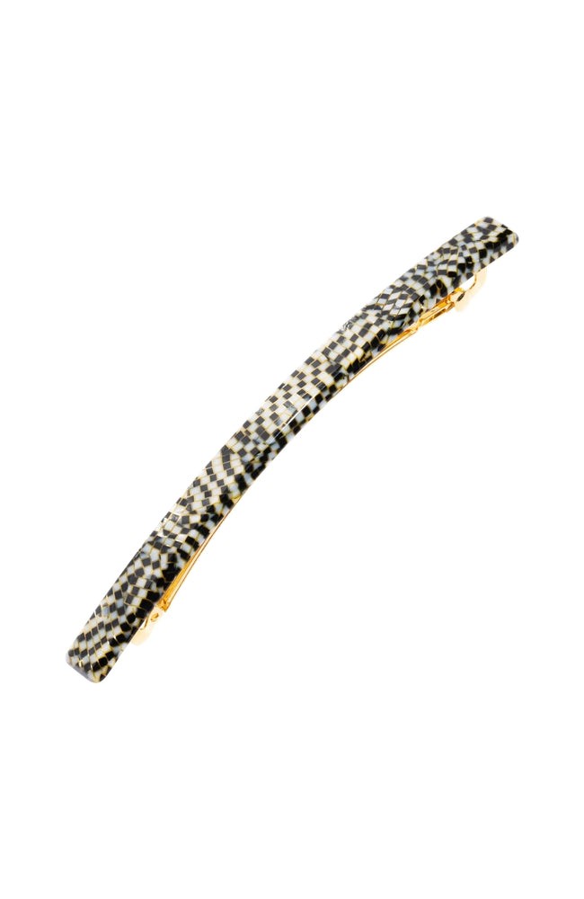 France Luxe long, pixelated mosaic of silver with black barrette for women - Long &amp; Skinny Barrette, Opera Silver.
