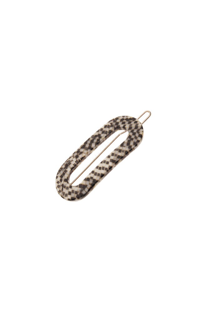 France Luxe small, pixelated mosaic of silver with black barrette for women - Mini Oval on Tige Boule Barrette, Opera Silver.