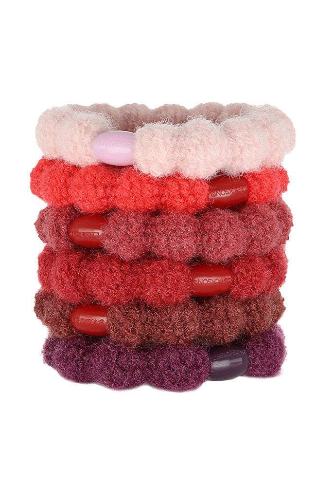 L. Erickson hair ties, 6 pack thick, bubble knit ponytail holders, red, purple, pink soft bands.