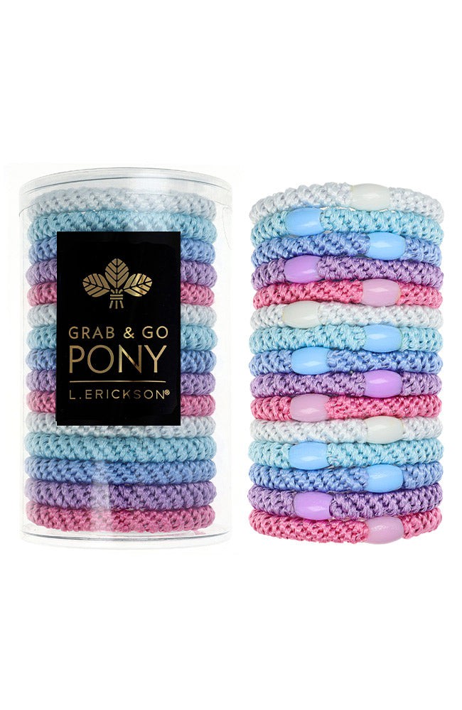 L. Erickson hair ties, 15 pack of Grab &amp; Go  Pony Tube, Thick, blue, pink, purple, white hair bands.