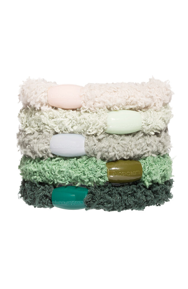 L. Erickson hair ties, 5 pack thick, fuzzy ponytail holders, green, beige soft bands.