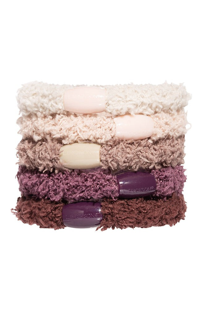 L. Erickson hair ties, 5 pack thick, fuzzy ponytail holders, brown, purple, beige, ivory soft bands.