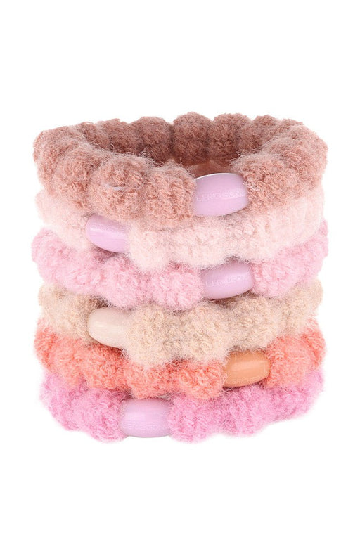 L. Erickson hair ties, 6 pack thick, bubble knit ponytail holders, pink, purple, beige soft bands.