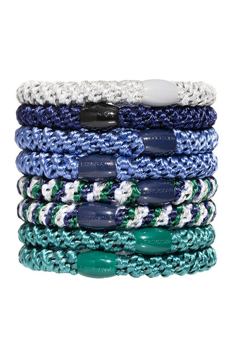 Thick, dark blue and green hair ties by L. Erickson, 8 pack