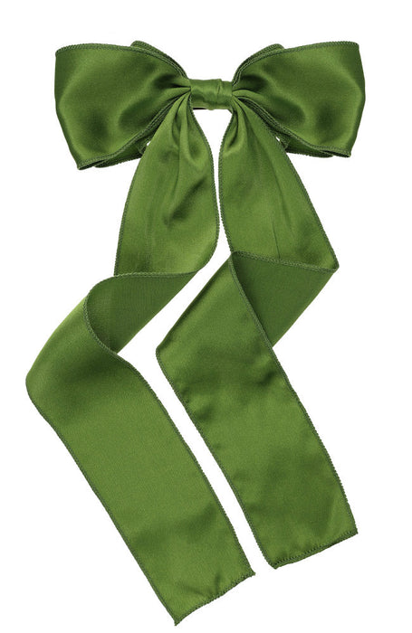 Green silk bow hair clip for women, Long Tail Bow Barrette, Silk Charmeuse Avocado Green by L. Erickson USA, handmade in America