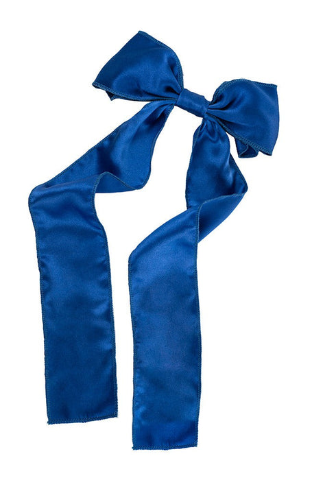 Blue silk bow hair clip on barrette clasp, Long Tail Bow Barrette, Silk Charmeuse Corn Flower by L. Erickson USA, handmade in America
