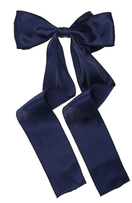 Blue silk bow hair clip for women, Long Tail Bow Barrette, Silk Charmeuse Navy Blue by L. Erickson USA, handmade in America