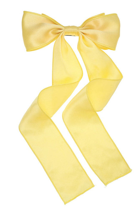 Yellow silk bow hair clip on barrette clasp, Long Tail Bow Barrette, Silk Charmeuse Plantain by L. Erickson USA, handmade in America