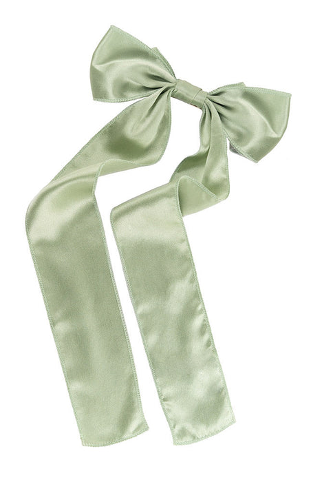 Sage green silk bow hair clip on barrette clasp, Long Tail Bow Barrette, Silk Charmeuse Sage by L. Erickson USA, handmade in America