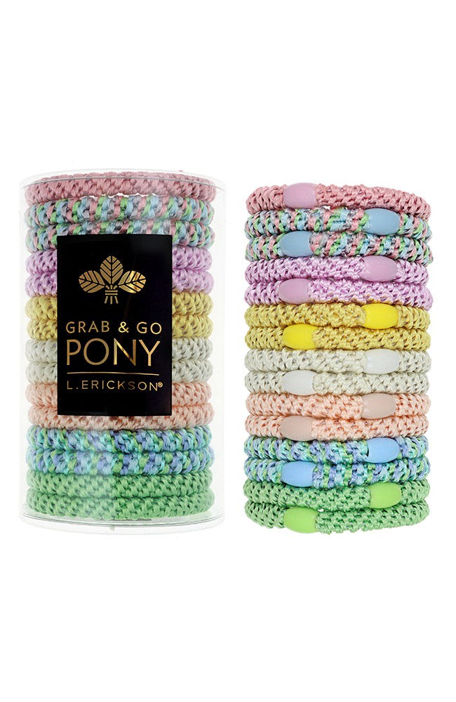 L. Erickson hair ties for thick hair, 15 pack Grab &amp; Go Pony Tube with multi pastels hair bands.