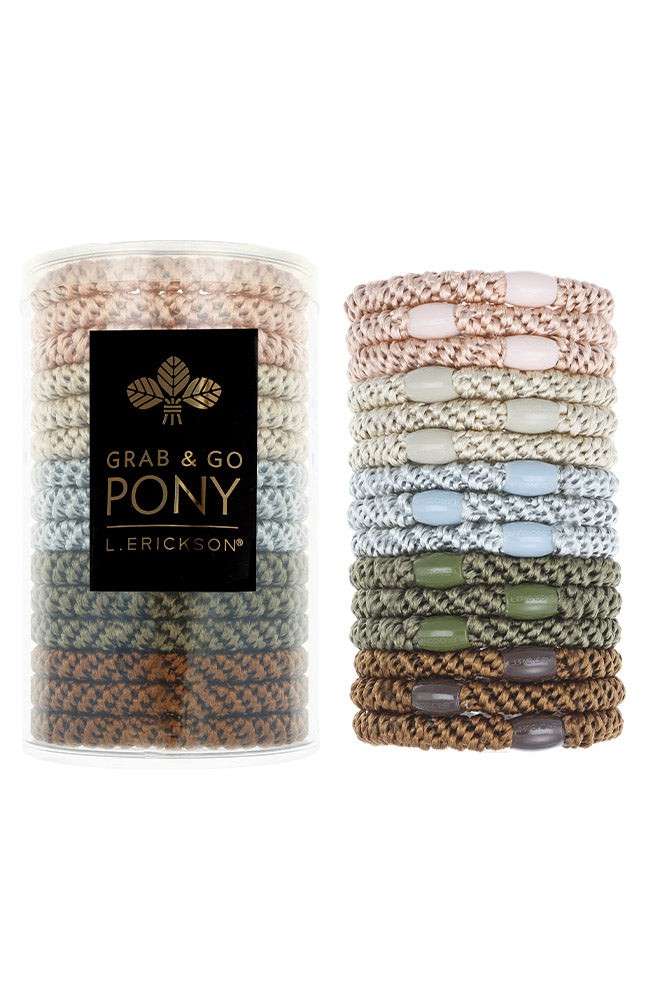 L. Erickson hair ties for thick hair, 15 pack Grab &amp; Go Pony Tube with neutral multi hair bands.