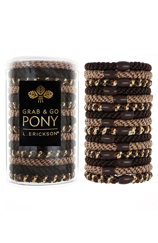 L. Erickson hair ties, 15 pack of Grab &amp; Go  Pony Tube, Thick, brown hair bands.