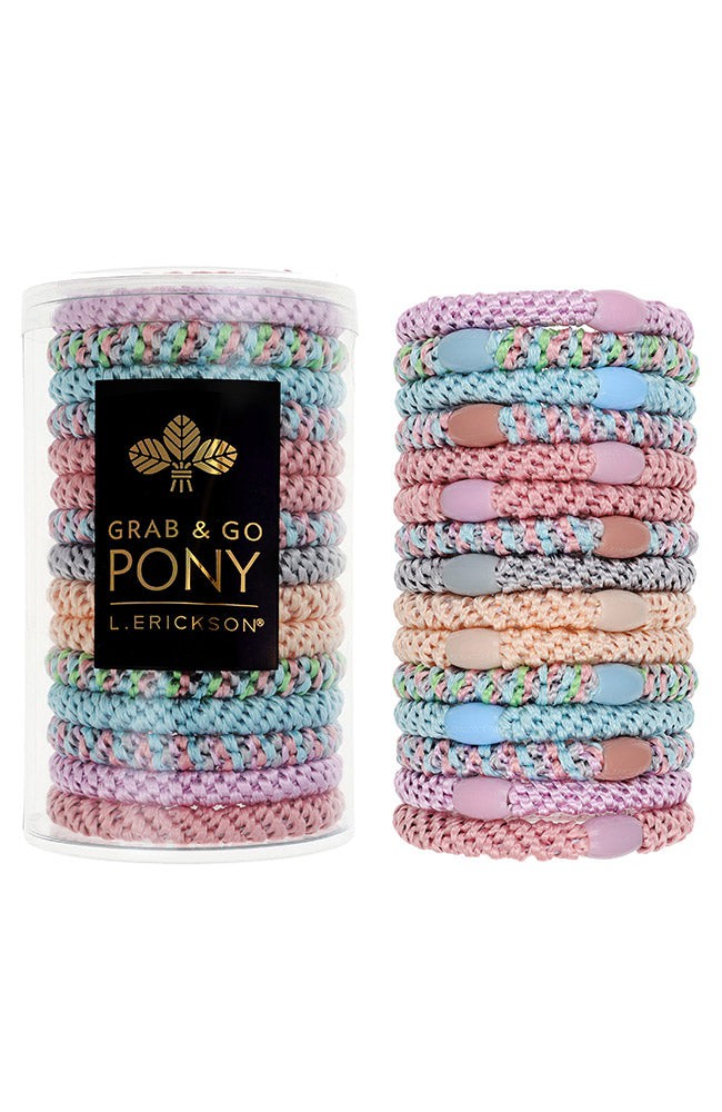 L. Erickson hair ties for thick hair, 15 pack Grab &amp; Go Pony Tube with pink hair bands.