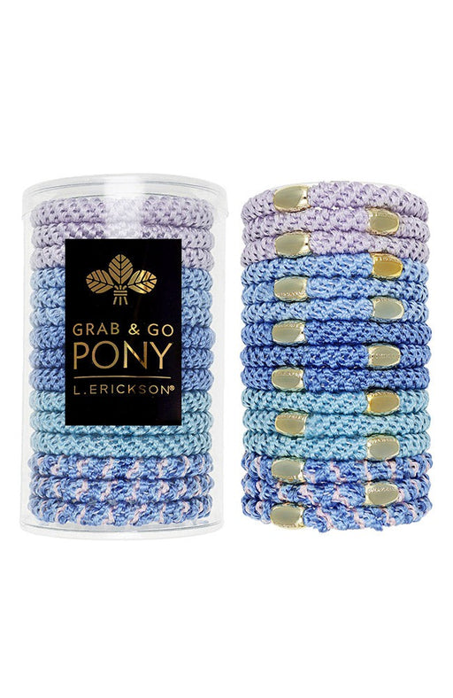 L. Erickson hair ties, 15 pack of Grab & Go  Pony Tube, Thick, blue & lavender bands with gold accent bead.