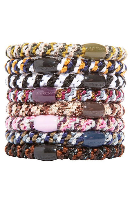 L. Erickson Grab & Go Ponytail holders. Striped hair ties include army green/white, navy/gold, black/white, pink/metallic purple. brown/black. 