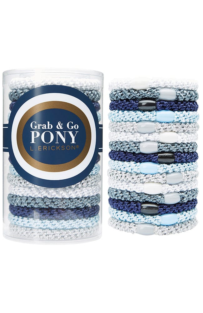 L. Erickson hair ties, 15 pack of Grab &amp; Go  Pony Tube, Thick, blue, white, metallic silver hair bands.