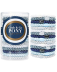L. Erickson hair ties, 15 pack of Grab & Go  Pony Tube, Thick, blue, white, metallic silver hair bands.