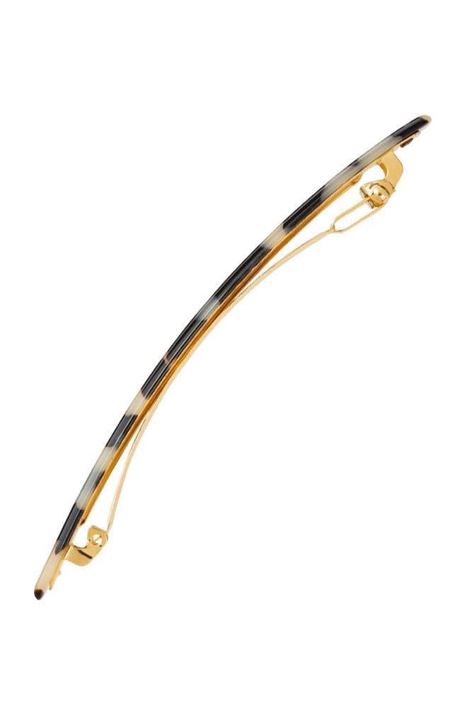 Side view of a ivory tortoiseshell France Luxe long barrette, ideal for fine to medium hair.