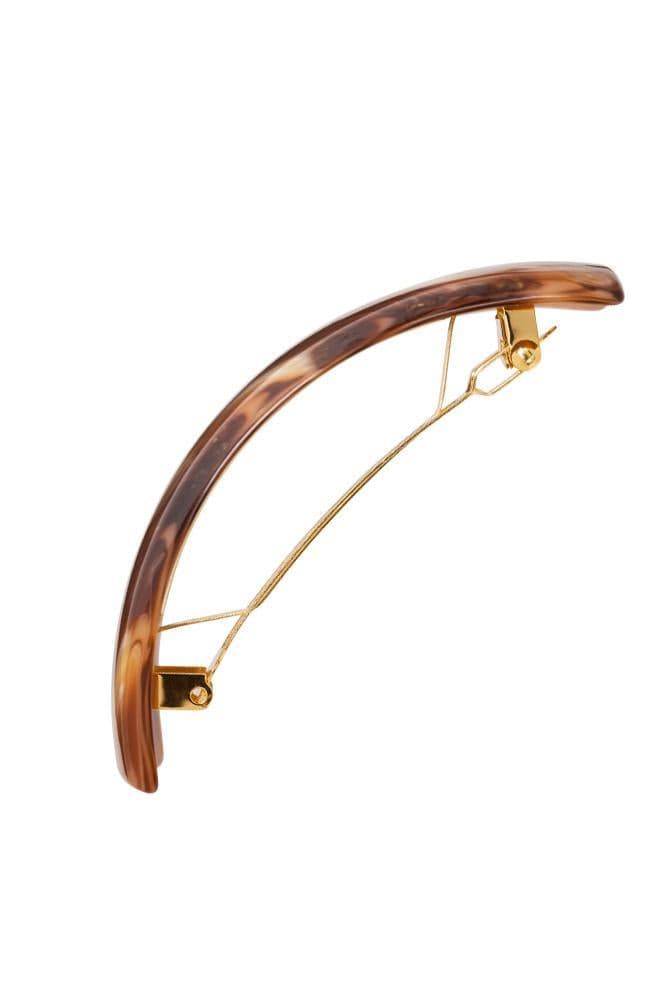 Side view of a brown France Luxe large barrette, with a spacious clasp for thick hair.