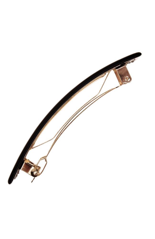 Side view of a black France Luxe Classic French Barrette, ideal for most hair types.