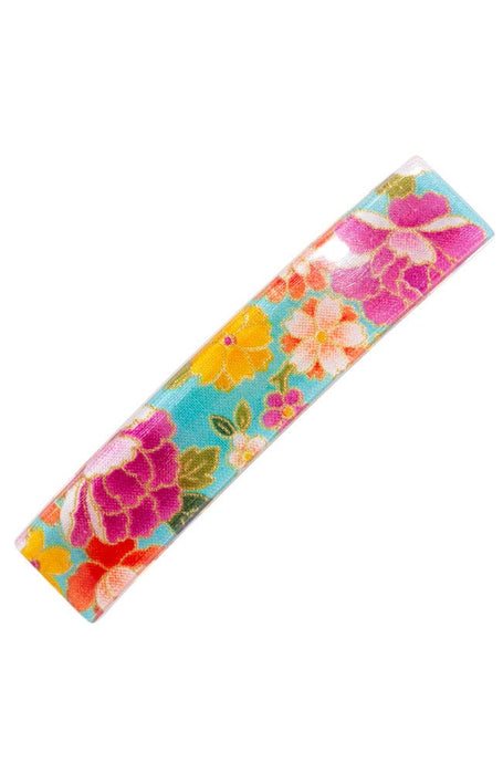 Floral Print on Aqua Blue background, Kyoto Classic Rectangle Barrette by France Luxe