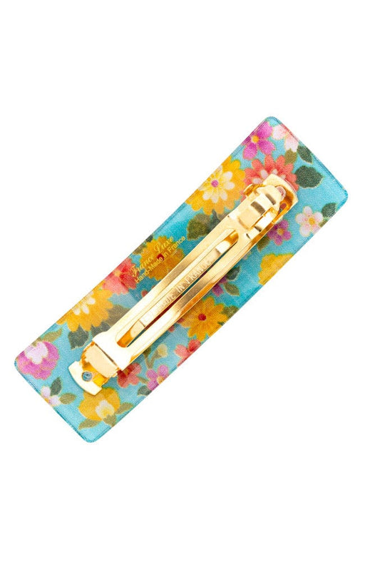Gold tone barrette made in France with floral and aqua blue acetate laminate, France Luxe Kyoto Collection