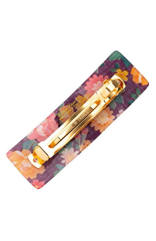 Gold tone barrette made in France with floral and purple acetate laminate, France Luxe Kyoto Collection