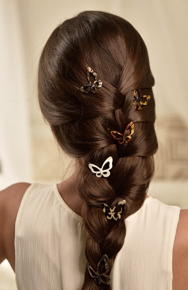 Butterfly hair clips styling a French braid, Butterfly Cutout Tige Boule Barrette by France Luxe, French hair clips