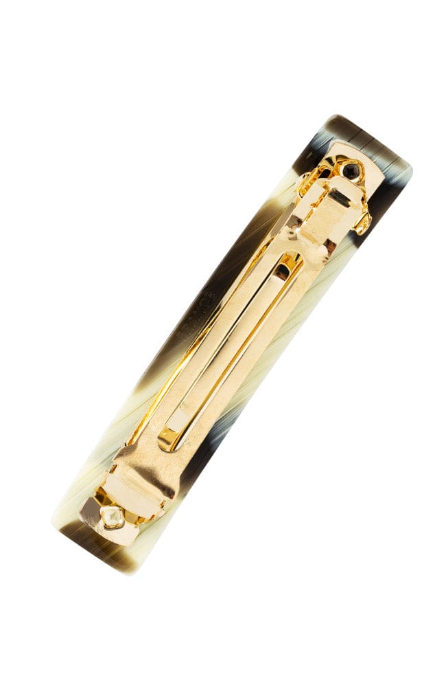 Medium, horn inspired blend of cream and black hair clip featuring a French barrette style clasp, ideal for most hair types - Classic Rectangle Barrette, Black Horn.