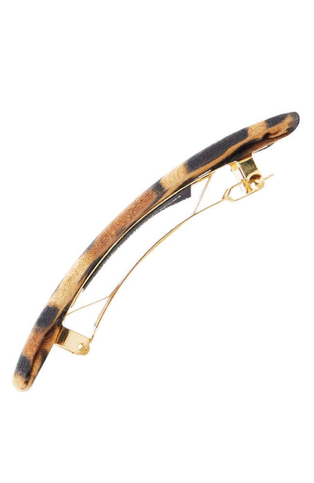 Wide Barrette by L. Erickson USA, covered in Luxe Leopard print cotton, gold tone French barrette clasp side view