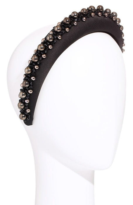 Wide Padded Headband, Mercer, beaded with black and hematite beads in various sizes, by L. Erickson