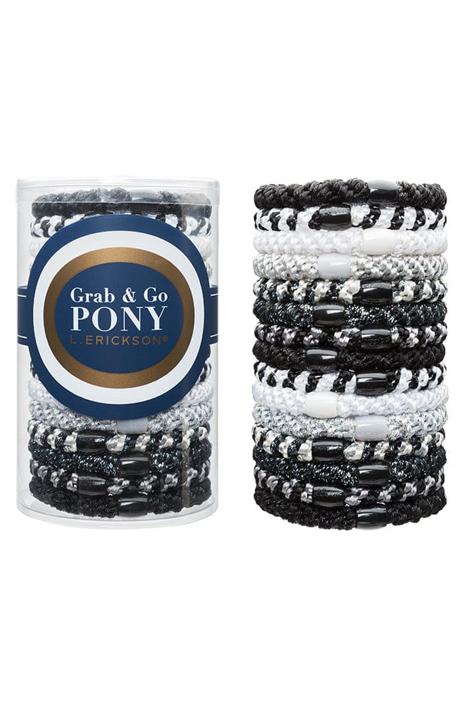 L. Erickson hair ties, 15 pack of Grab &amp; Go  Pony Tube, Thick, black, white, silver, metallic silver, black, graphite hair bands.