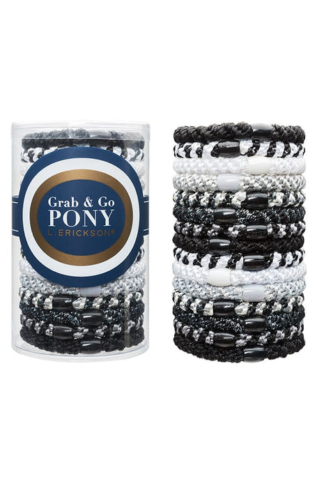 White, Silver, Metallic and Black Hair Ties, Grab & Go Ponytail Holders in clear tube, L. Erickson