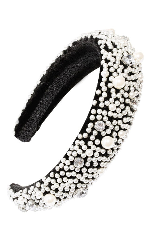 Park Ave Black Padded Velvet Headband features Pearl beads and crystal embellishments, by L. Erickson