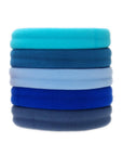 Thick workout hair ties, Colorful Sport Ponytail Pack by L. Erickson. Hair bands include: aqua, slate blue, cloud blue, royal blue