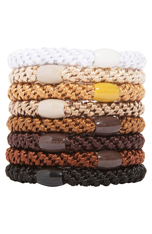 L. Erickson Grab & Go Ponytail holders. Neutral hair ties including white, beige, brown, and black.