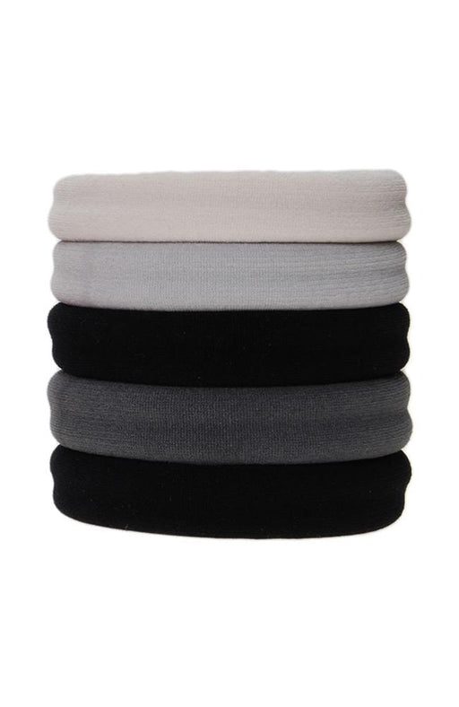Thick workout hair ties, Colorful Sport Ponytail Pack by L. Erickson. Hair bands include: white, grey, black, charcoal