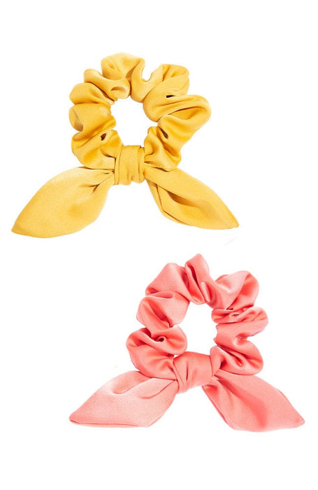 Satin Bow Scrunchie, 2 pack, Mustard Yellow and Coral ponytail holders by L. Erickson