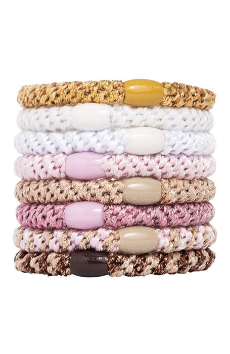 L. Erickson Grab & Go Ponytail holders. Hair ties including gold, white, light pink, and beige.