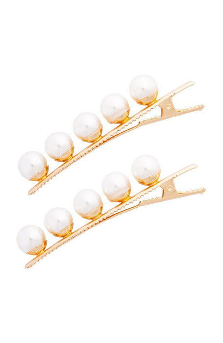 White pearl hair clips, side view of gold alligator clips with teeth and pearls on top, L. Erickson