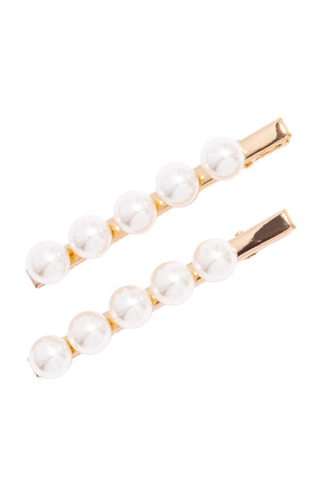 Gold hair clip pair, each featuring 5 white pearls on top, by L. Erickson