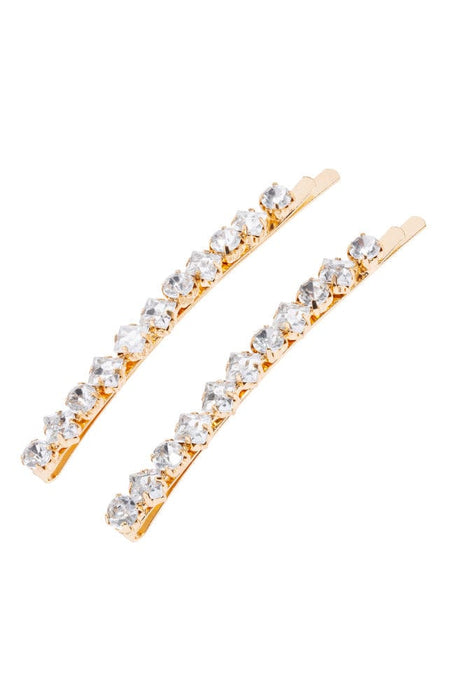 Wide gold bobby pins embellished with crystals, by L. Erickson