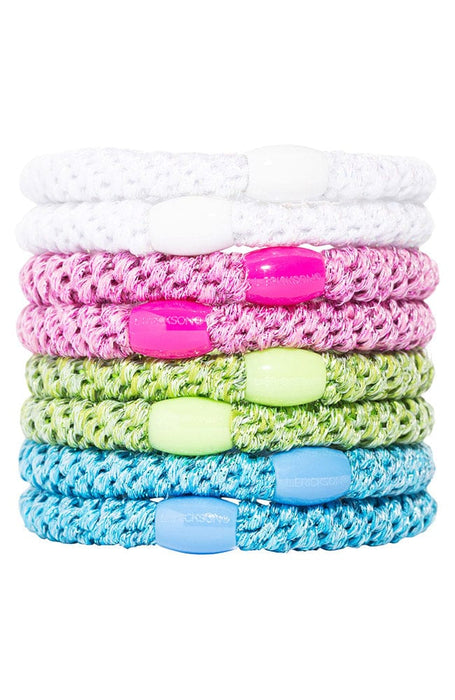 Thick, metallic hair ties by L. Erickson, 8 pack, include white, pink, green, blue.