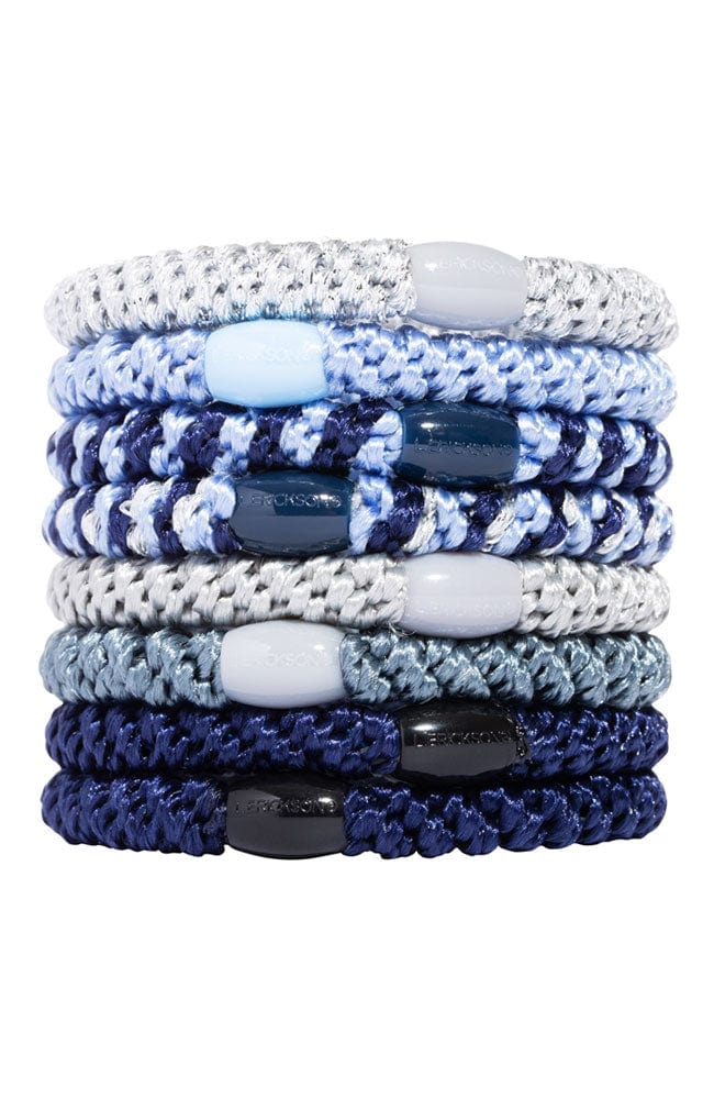 L. Erickson Grab &amp; Go Ponytail holders. Blue hair ties including light blue, navy blue, and silvers.